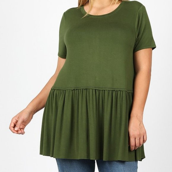 Zenana Outfitters Tops - Plus Size Army Green Short Sleeve Ruffle Top